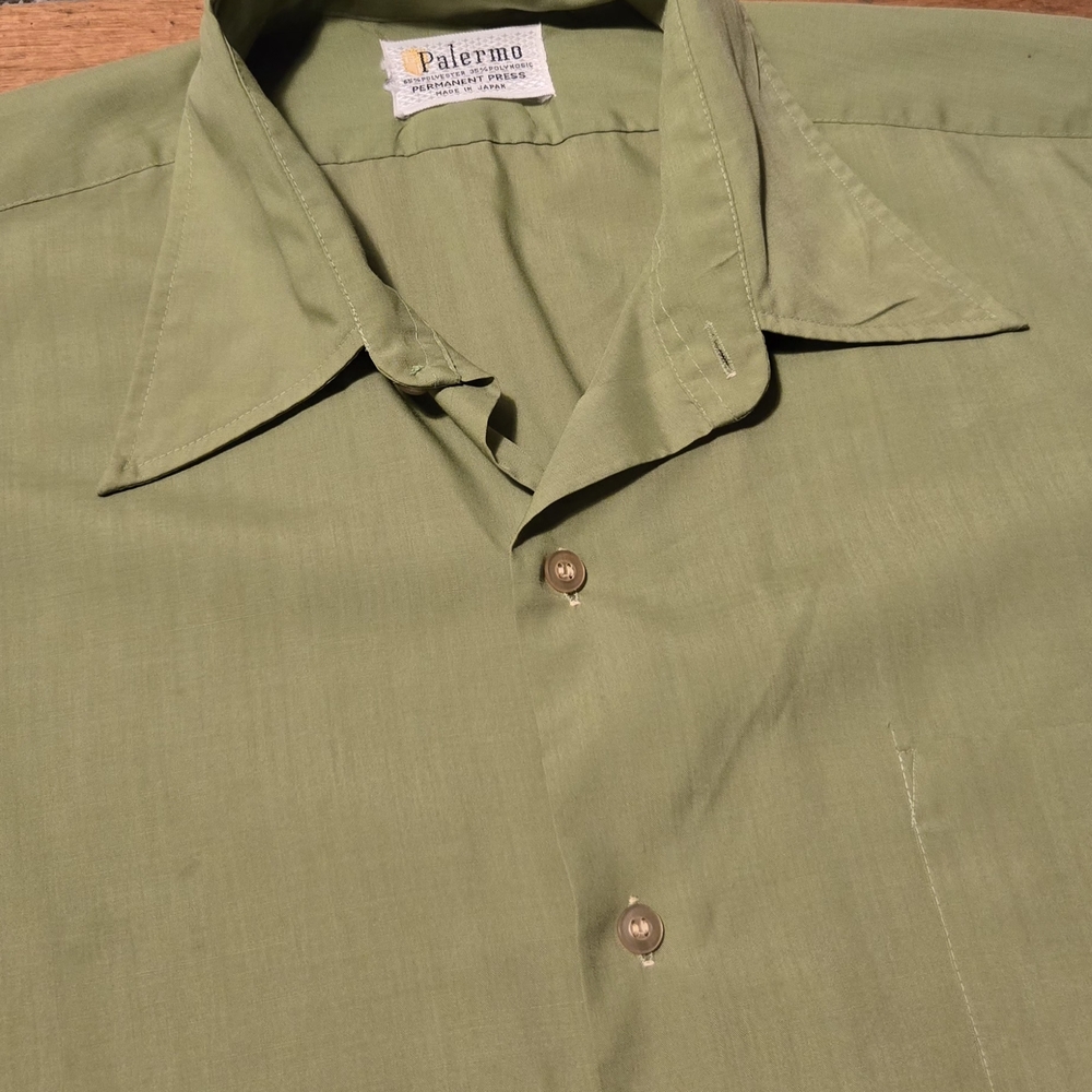 Vintage 70s Palermo Men's Short Sleeve Green Cotton Button-Up Shirt L - Picture 2 of 7